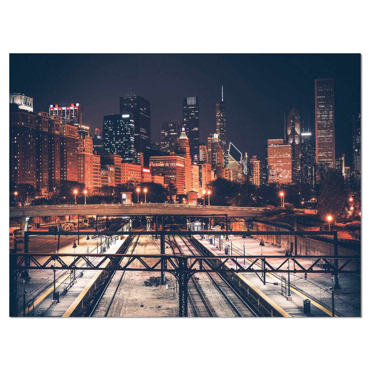 Designart - Dark Chicago Skyline and Railroad - Cityscape Canvas Print